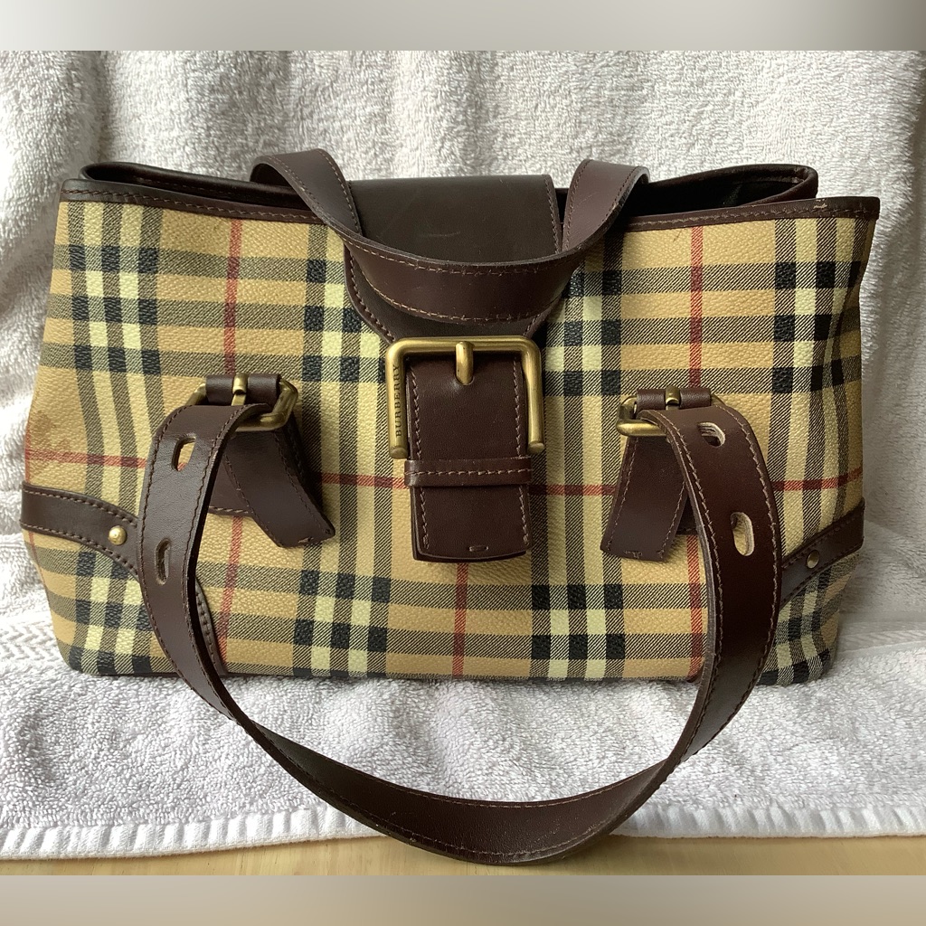 Burberry Green Canvas Bag With Brown Trim